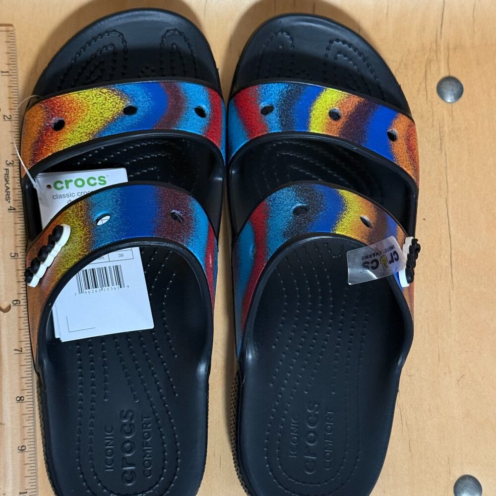 New Classic Crocs Spray Dye Sandal Slides Black Rainbow Colorful NWT